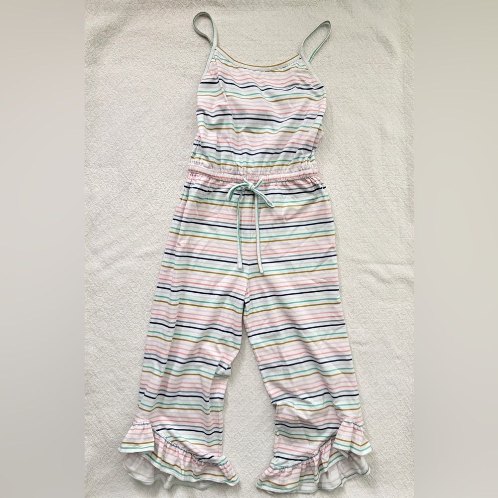 Millie Jay Striped Ruffled Long Pants Sleeveless Romper with Waist Tie